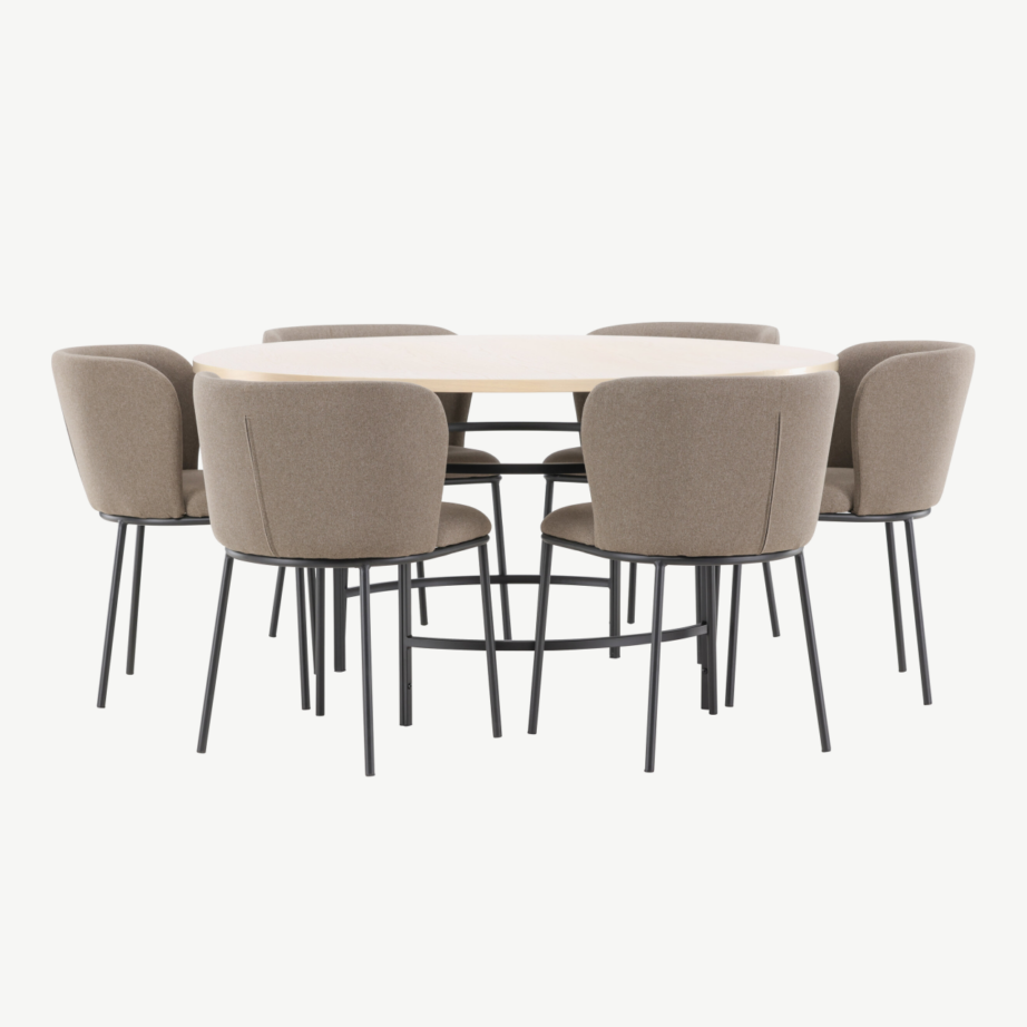 Ümmargune söögilauakomplekt: valgeks peitsitud Copenhagen laud 140 cm ja 6 pruuni kangaga Edina tooli, GR24755 – 2