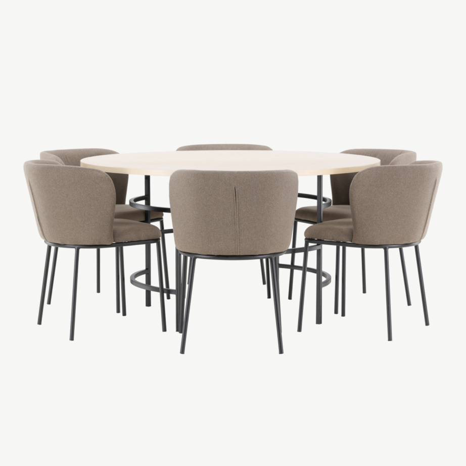 Ümmargune söögilauakomplekt: valgeks peitsitud Copenhagen laud 140 cm ja 6 pruuni kangaga Edina tooli, GR24755 – 5