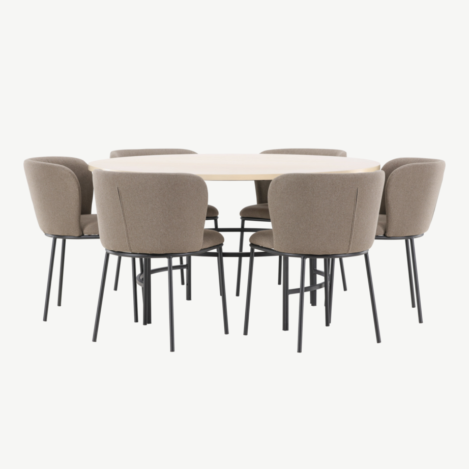 Ümmargune söögilauakomplekt: valgeks peitsitud Copenhagen laud 140 cm ja 6 pruuni kangaga Edina tooli, GR24755 – 6