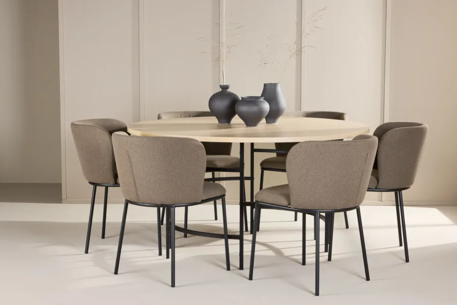 Ümmargune söögilauakomplekt: valgeks peitsitud Copenhagen laud 140 cm ja 6 pruuni kangaga Edina tooli, GR24755 – 8