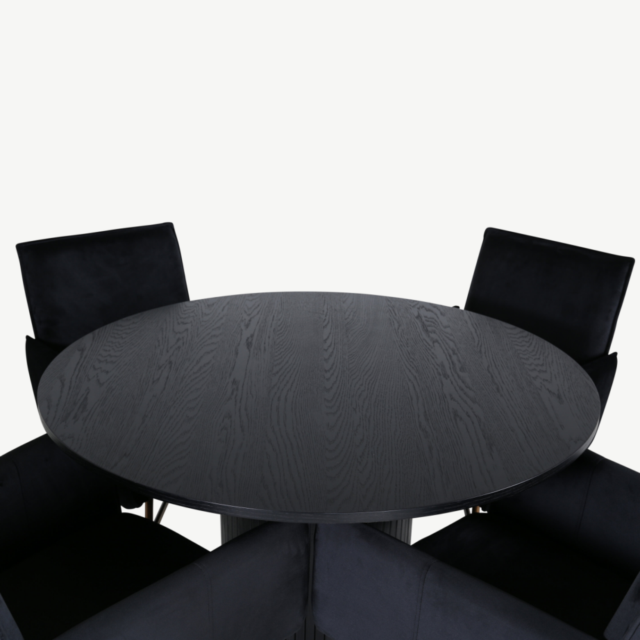 Ümmargune söögilaud Bianca komplektis nelja musta sametist Petra tooliga, GR22507 – 2