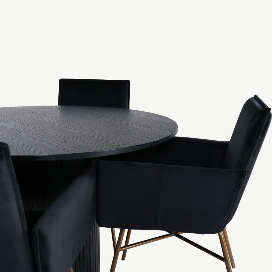 Ümmargune söögilaud Bianca komplektis nelja musta sametist Petra tooliga, GR22507 – 3