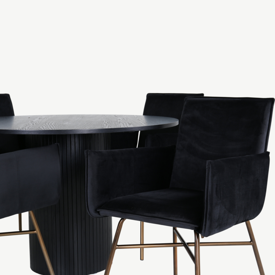 Ümmargune söögilaud Bianca komplektis nelja musta sametist Petra tooliga, GR22507 – 4