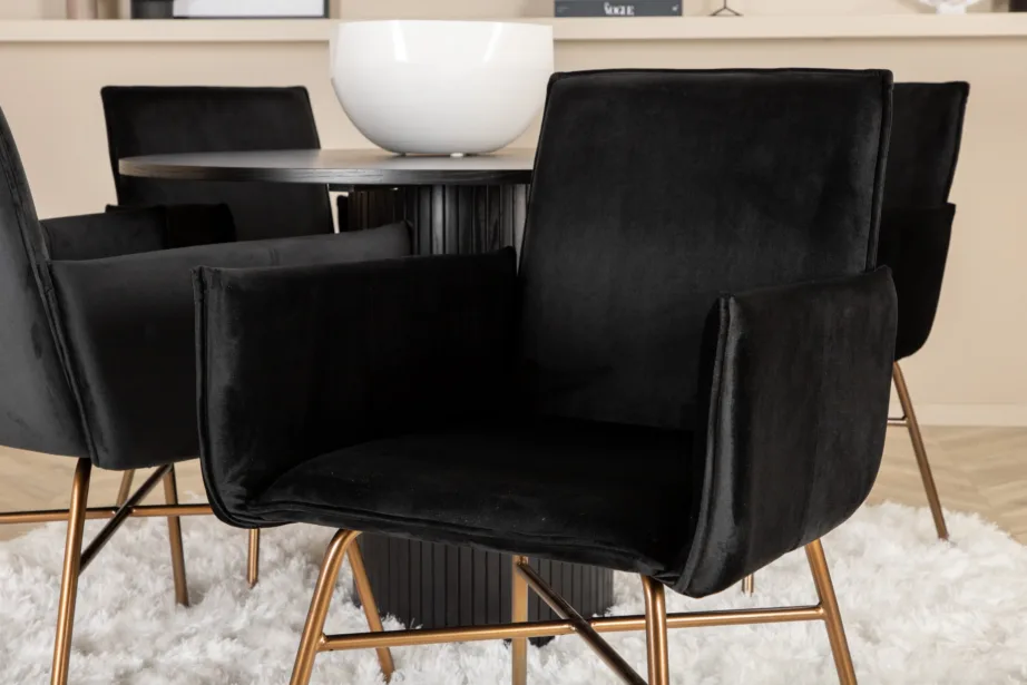 Ümmargune söögilaud Bianca komplektis nelja musta sametist Petra tooliga, GR22507 – 8