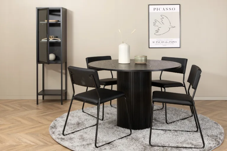 Ümmargune söögilaud Bianca, must MDF, soonilise jalaga + must kunstnahast söögitool Kenth - GR22228