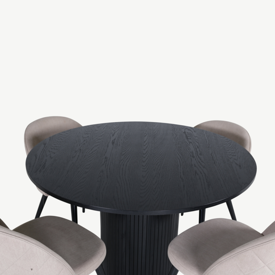 Ümmargune söögilaud Bianca musta viimistlusega ja beežid polüesterkangast toolid (4 tk), GR22511 – 2