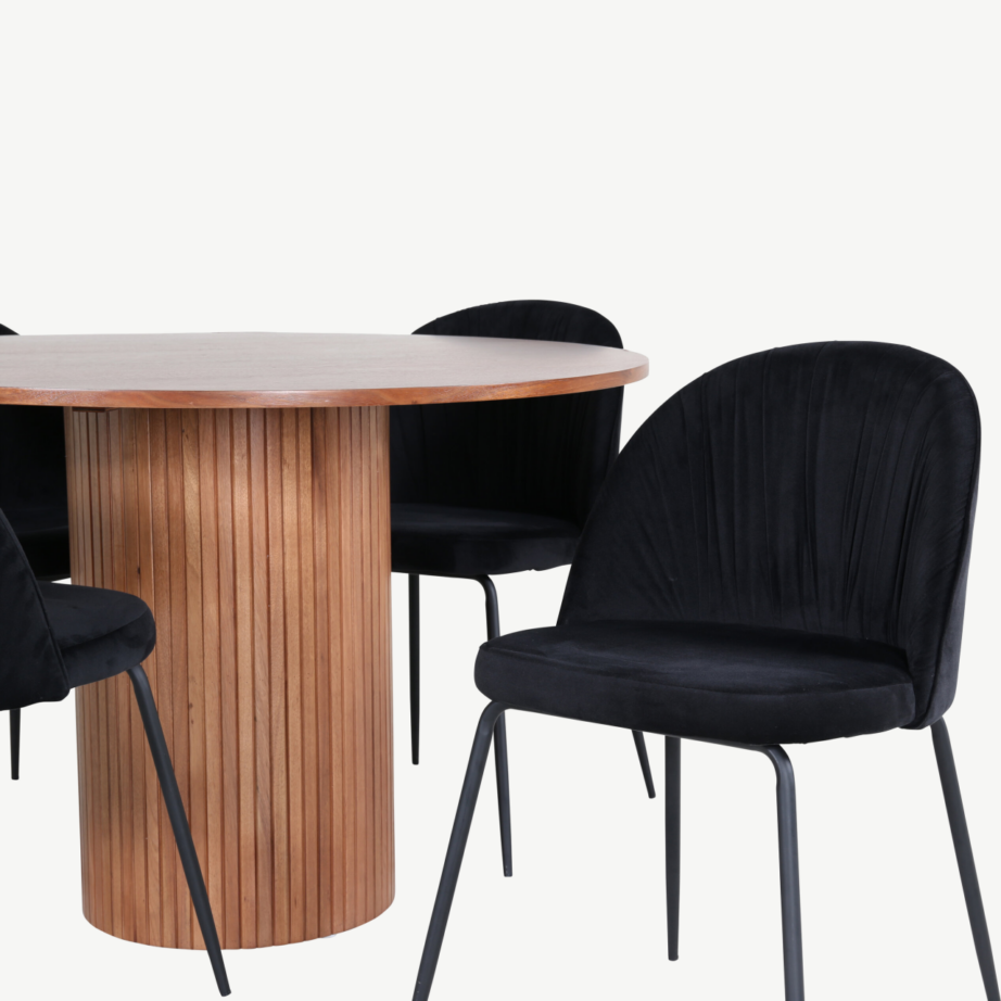 Ümmargune söögilaud Bianca pähklispooniga ja mustad sametist toolid, GR22221 – 6
