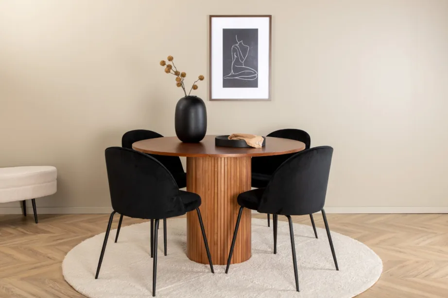 Ümmargune söögilaud Bianca pähklispooniga ja mustad sametist toolid, GR22221 – 2