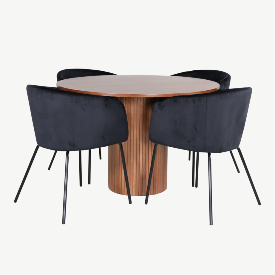 Ümmargune söögilaud Bianca pähklispooniga ja mustad velvetist Berit toolid, GR22224