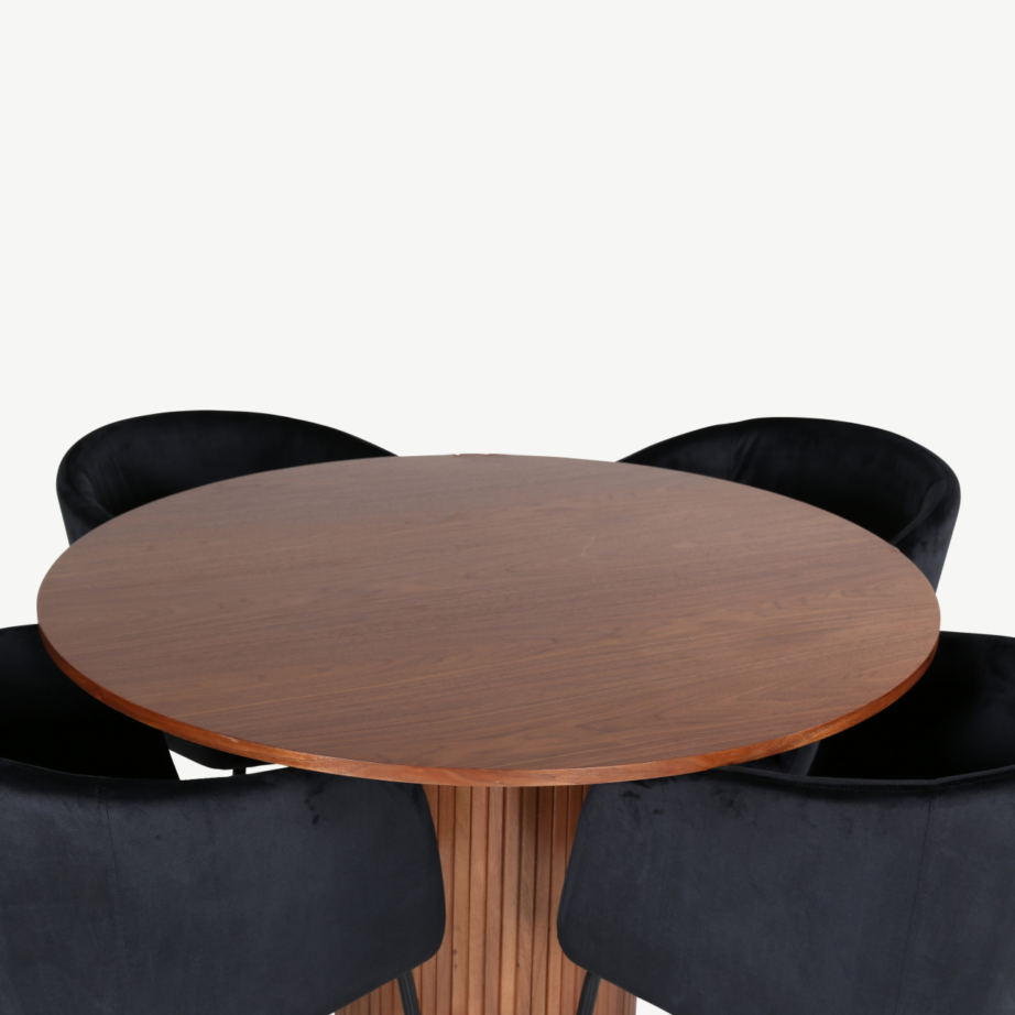 Ümmargune söögilaud Bianca pähklispooniga ja mustad velvetist Berit toolid, GR22224 – 4