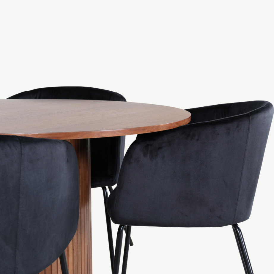 Ümmargune söögilaud Bianca pähklispooniga ja mustad velvetist Berit toolid, GR22224 – 5