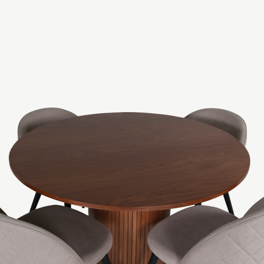 Ümmargune söögilaud Bianca (pähklivineer, ø110cm) ja beežid polsterdatud toolid, GR22486 – 11