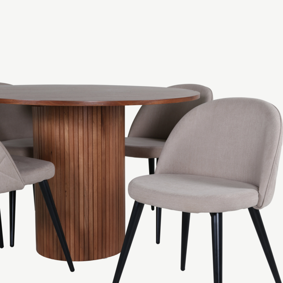 Ümmargune söögilaud Bianca (pähklivineer, ø110cm) ja beežid polsterdatud toolid, GR22486 – 13