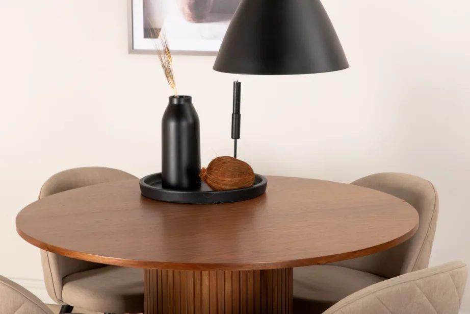 Ümmargune söögilaud Bianca (pähklivineer, ø110cm) ja beežid polsterdatud toolid, GR22486 – 15