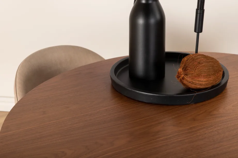 Ümmargune söögilaud Bianca (pähklivineer, ø110cm) ja beežid polsterdatud toolid, GR22486 – 16