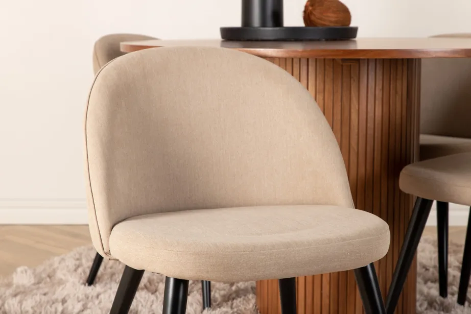 Ümmargune söögilaud Bianca (pähklivineer, ø110cm) ja beežid polsterdatud toolid, GR22486 – 17