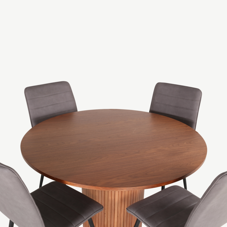 Ümmargune söögilaud Bianca (pähklivineer, ø110cm) ja beežid polsterdatud toolid, GR22486 – 2