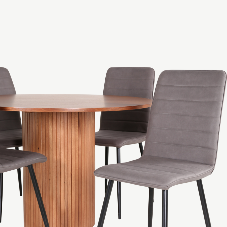 Ümmargune söögilaud Bianca (pähklivineer, ø110cm) ja beežid polsterdatud toolid, GR22486 – 4