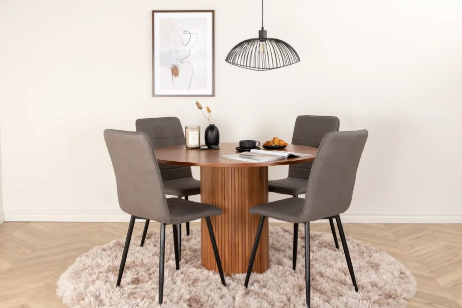 Ümmargune söögilaud Bianca (pähklivineer, ø110cm) ja beežid polsterdatud toolid, GR22486 – 5