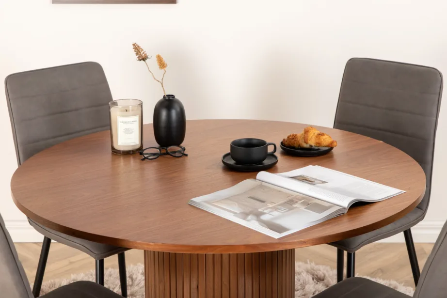 Ümmargune söögilaud Bianca (pähklivineer, ø110cm) ja beežid polsterdatud toolid, GR22486 – 6