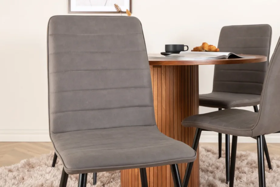 Ümmargune söögilaud Bianca (pähklivineer, ø110cm) ja beežid polsterdatud toolid, GR22486 – 8