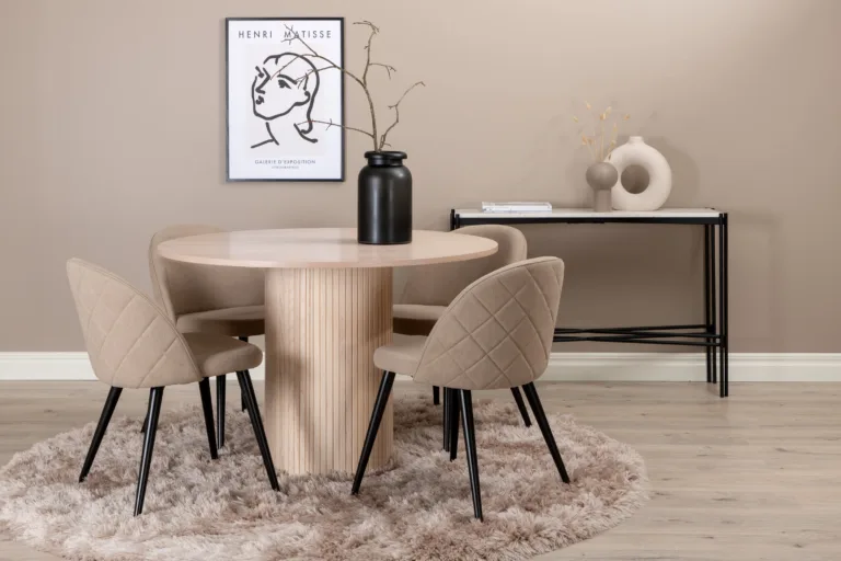Ümmargune söögilaud Bianca valge peitsiga, 4 beeži Velvet-tooli - GR22208