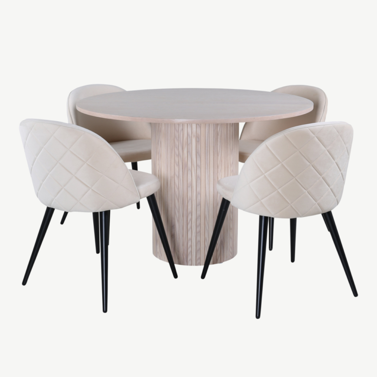 Ümmargune söögilaud Bianca (valge peitsiga MDF, ø110cm) koos beežide samettoolidega - GR22209