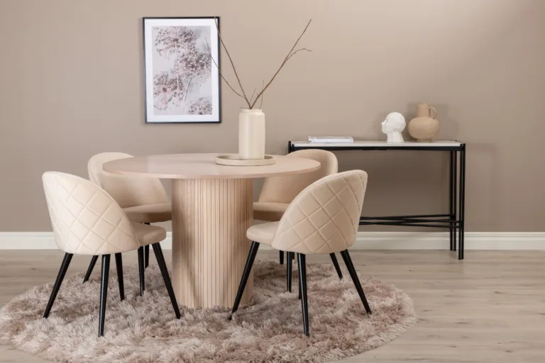 Ümmargune söögilaud Bianca (valge peitsiga MDF, ø110cm) koos beežide samettoolidega - GR22209