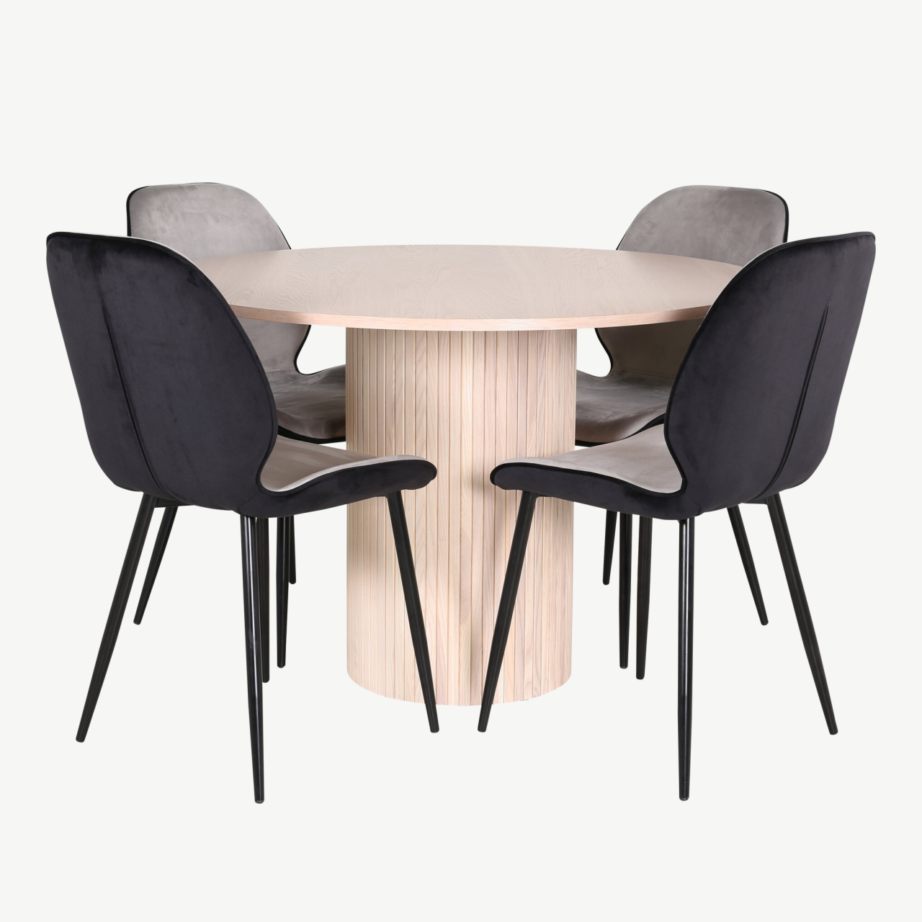 Ümmargune söögilaud Bianca valge peitsiga ja Emma toolid (must-hall samet), GR22476