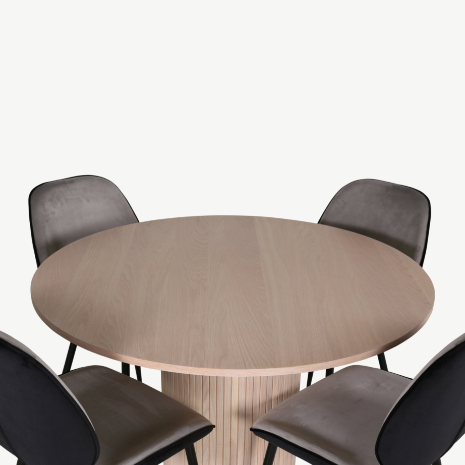 Ümmargune söögilaud Bianca valge peitsiga ja Emma toolid (must-hall samet), GR22476 – 2