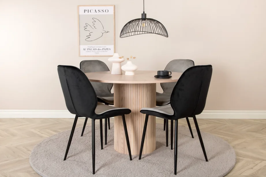 Ümmargune söögilaud Bianca valge peitsiga ja Emma toolid (must-hall samet), GR22476 – 5