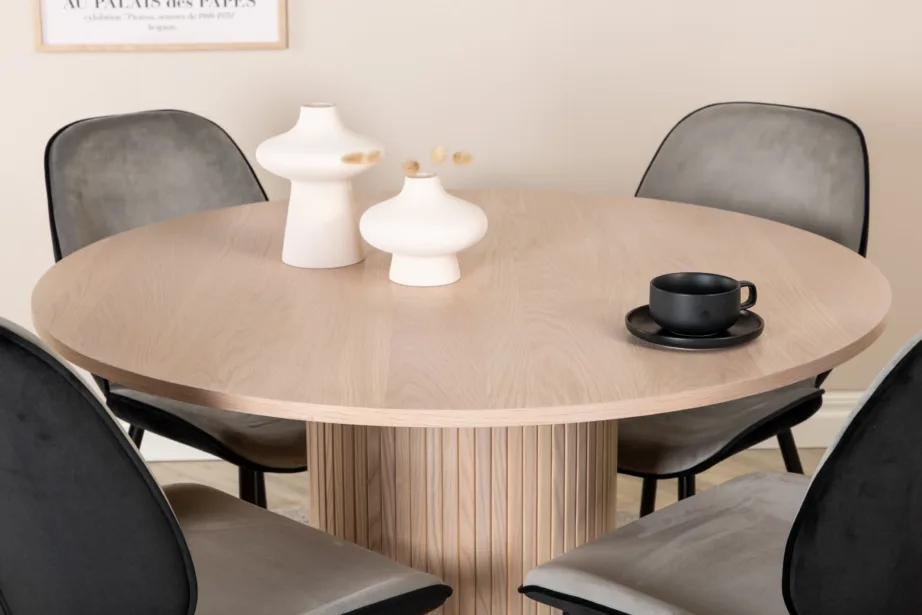 Ümmargune söögilaud Bianca valge peitsiga ja Emma toolid (must-hall samet), GR22476 – 6