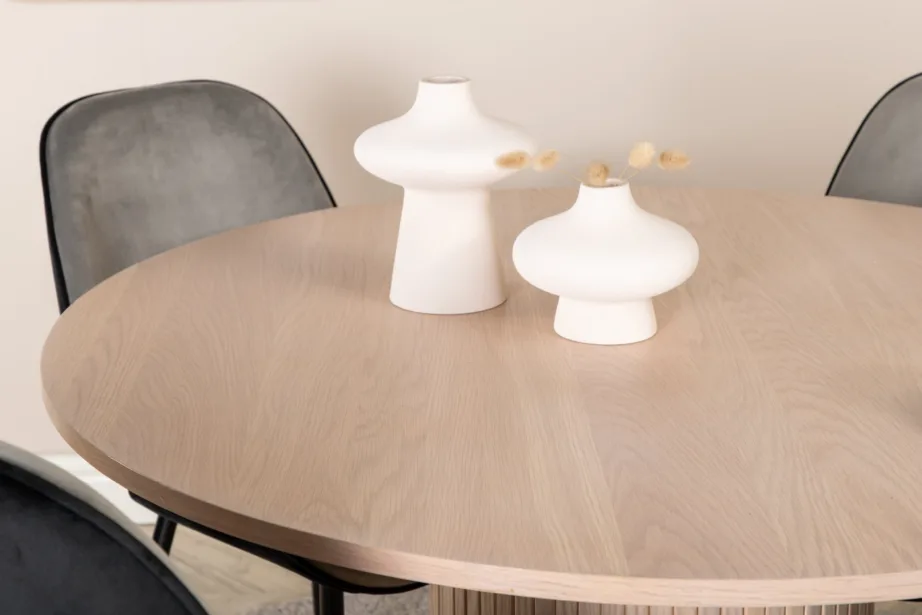 Ümmargune söögilaud Bianca valge peitsiga ja Emma toolid (must-hall samet), GR22476 – 7