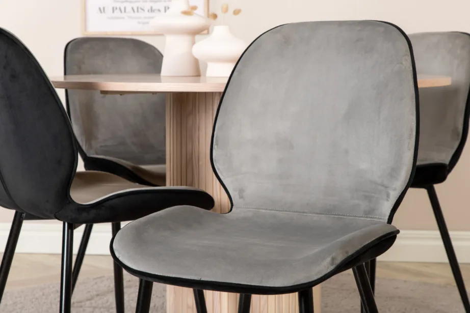 Ümmargune söögilaud Bianca valge peitsiga ja Emma toolid (must-hall samet), GR22476 – 8