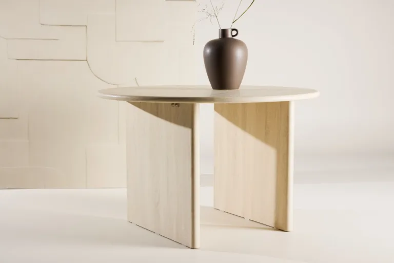 Ümmargune söögilaud Björholmen, valge peitsiga MDF, ø120 cm - 61784-103
