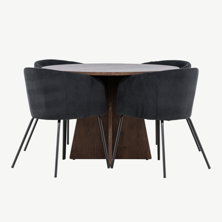 Ümmargune söögilaud Bootcut ja 4 musta bukleetooliga Berit (MDF, mokkatoon, Ø110 cm) - GR24391