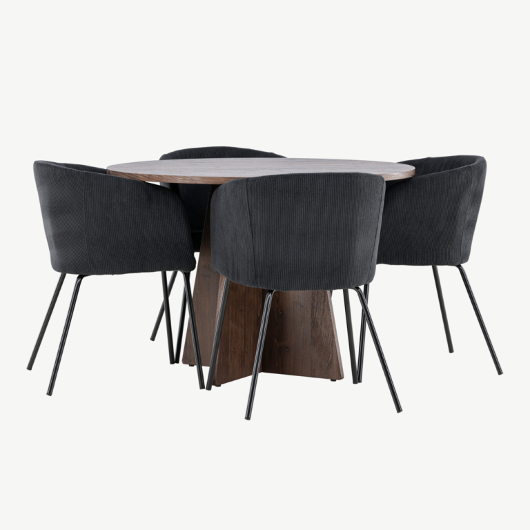 Ümmargune söögilaud Bootcut ja 4 musta bukleetooliga Berit (MDF, mokkatoon, Ø110 cm) - GR24391