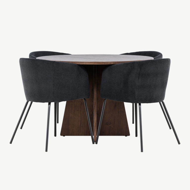 Ümmargune söögilaud Bootcut ja 4 musta bukleetooliga Berit (MDF, mokkatoon, Ø110 cm) - GR24391