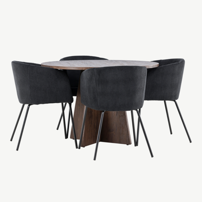 Ümmargune söögilaud Bootcut ja 4 musta bukleetooliga Berit (MDF, mokkatoon, Ø110 cm) - GR24391