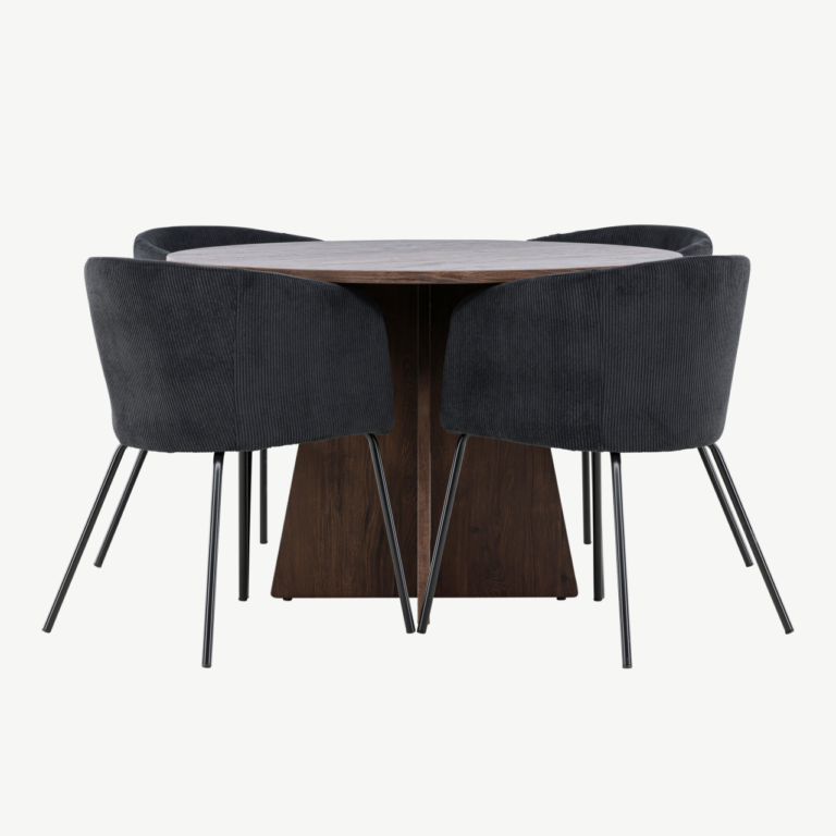 Ümmargune söögilaud Bootcut ja 4 musta bukleetooliga Berit (MDF, mokkatoon, Ø110 cm) - GR24391