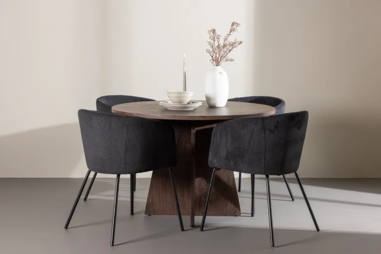 Ümmargune söögilaud Bootcut ja 4 musta bukleetooliga Berit (MDF, mokkatoon, Ø110 cm) - GR24391