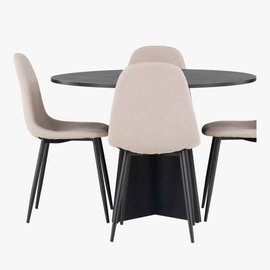 Ümmargune söögilaud Bootcut ja Polar buklee toolid, must/beež (Ø110cm), GR23796 – 2