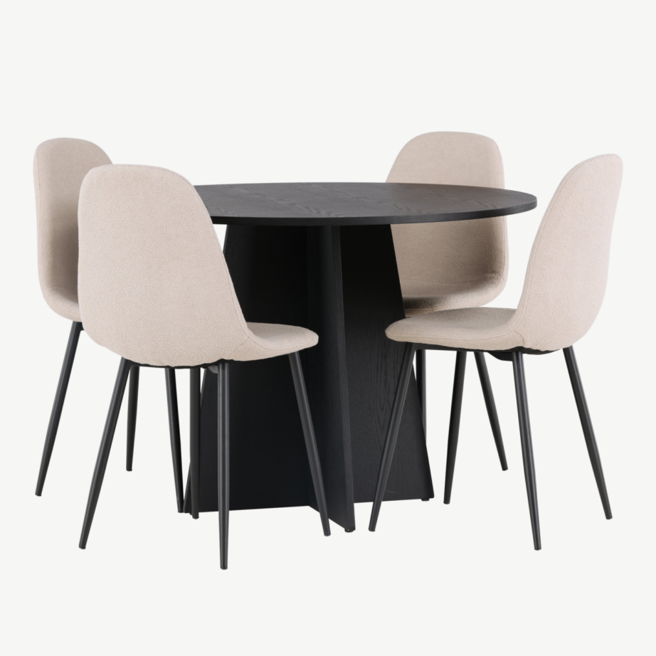 Ümmargune söögilaud Bootcut ja Polar buklee toolid, must/beež (Ø110cm), GR23796 – 3