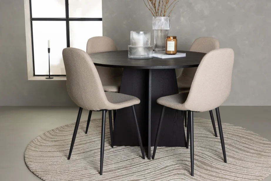 Ümmargune söögilaud Bootcut ja Polar buklee toolid, must/beež (Ø110cm), GR23796 – 4