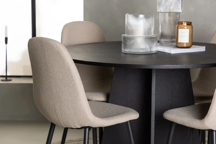 Ümmargune söögilaud Bootcut ja Polar buklee toolid, must/beež (Ø110cm), GR23796 – 5