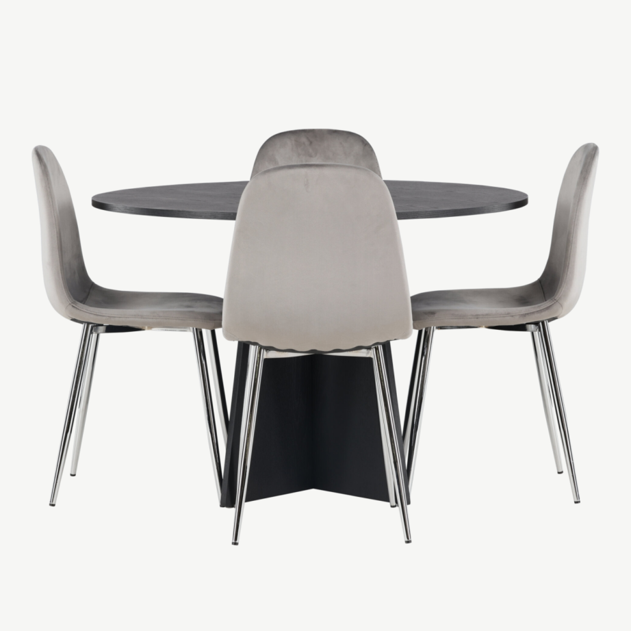 Ümmargune söögilaud Bootcut ja helehalli sametiga tool Eva (must MDF, ø110cm), GR23784 – 2