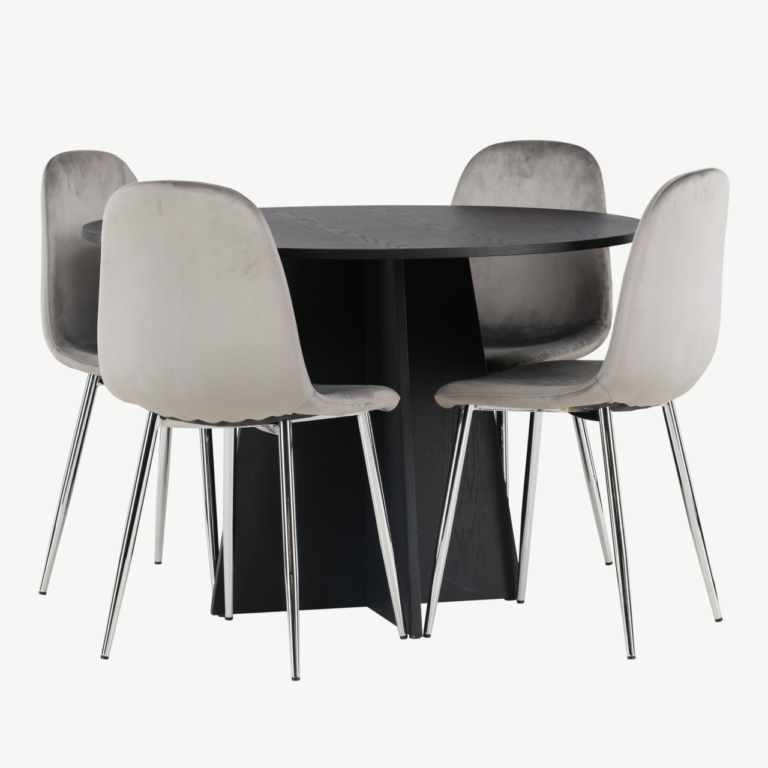 Ümmargune söögilaud Bootcut ja helehalli sametiga tool Eva (must MDF, ø110cm) - GR23784