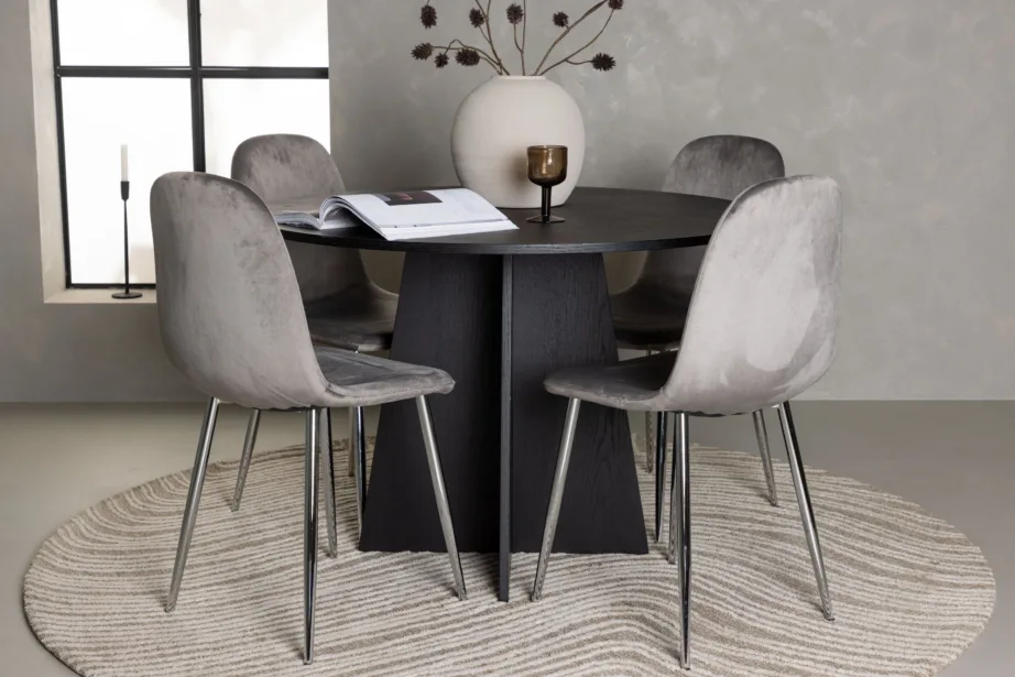 Ümmargune söögilaud Bootcut ja helehalli sametiga tool Eva (must MDF, ø110cm), GR23784 – 4