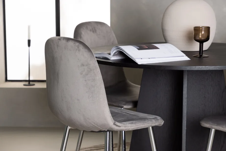 Ümmargune söögilaud Bootcut ja helehalli sametiga tool Eva (must MDF, ø110cm), GR23784 – 5