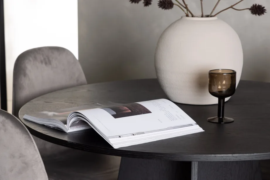 Ümmargune söögilaud Bootcut ja helehalli sametiga tool Eva (must MDF, ø110cm), GR23784 – 6